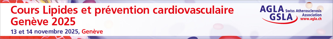 Bannière d'en-tête pour la conférence : AGLA Cours Lipides et prévention cardiovasculaire Genève 2025. Celle-ci va de 13 novembre 2025 à 14 novembre 2025 dans L'événement aura lieu à Genève, le lieu sera communiqué ultérieurement.