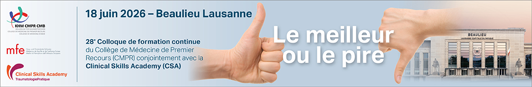 Bannière d'en-tête pour la conférence : Congrès du CMPR et Clinical Skills Academy Lausanne 2026. Celle-ci va de 18 juin 2026 à 18 juin 2026 dans Beaulieu Lausanne.