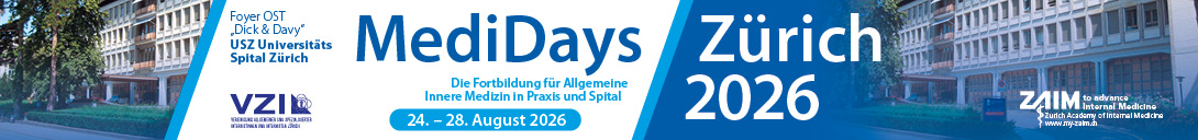 Header Banner für die Konferenz: ZAIM MediDays Zürich 2026. Diese geht vom 24. August 2026 bis 28. August 2026 in USZ.