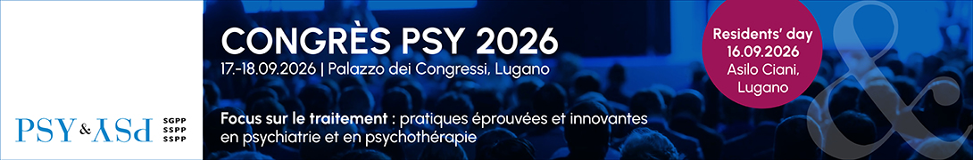 Bannière d'en-tête pour la conférence : Congrès PSY 2026. Celle-ci va de 17 septembre 2026 à 18 septembre 2026 dans Palazzo dei Congressi de Lugano.