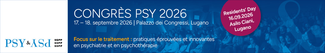 Bannière d'en-tête pour la conférence : Congrès PSY 2026. Celle-ci va de 17 septembre 2026 à 18 septembre 2026 dans Palazzo dei Congressi de Lugano.